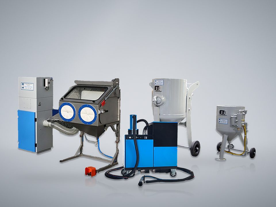 Phibo dry blasting equipment: hand blast cabinet, blast pots and mobile closed-circuit blasting machine